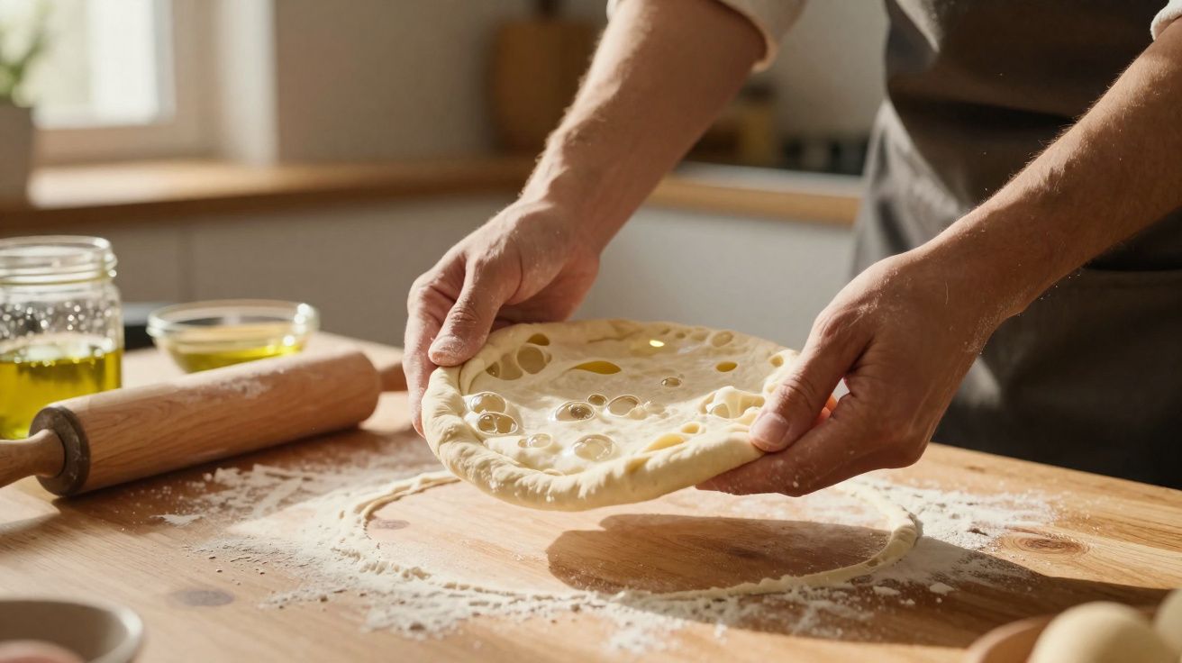 Mãos segurando massa de pizza com bolhas, sobre mesa de madeira com farinha e rolo de massa.