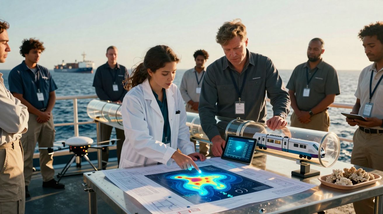 Equipe de cientistas e engenheiros analisando dados e modelo de transporte em área externa próxima ao mar.