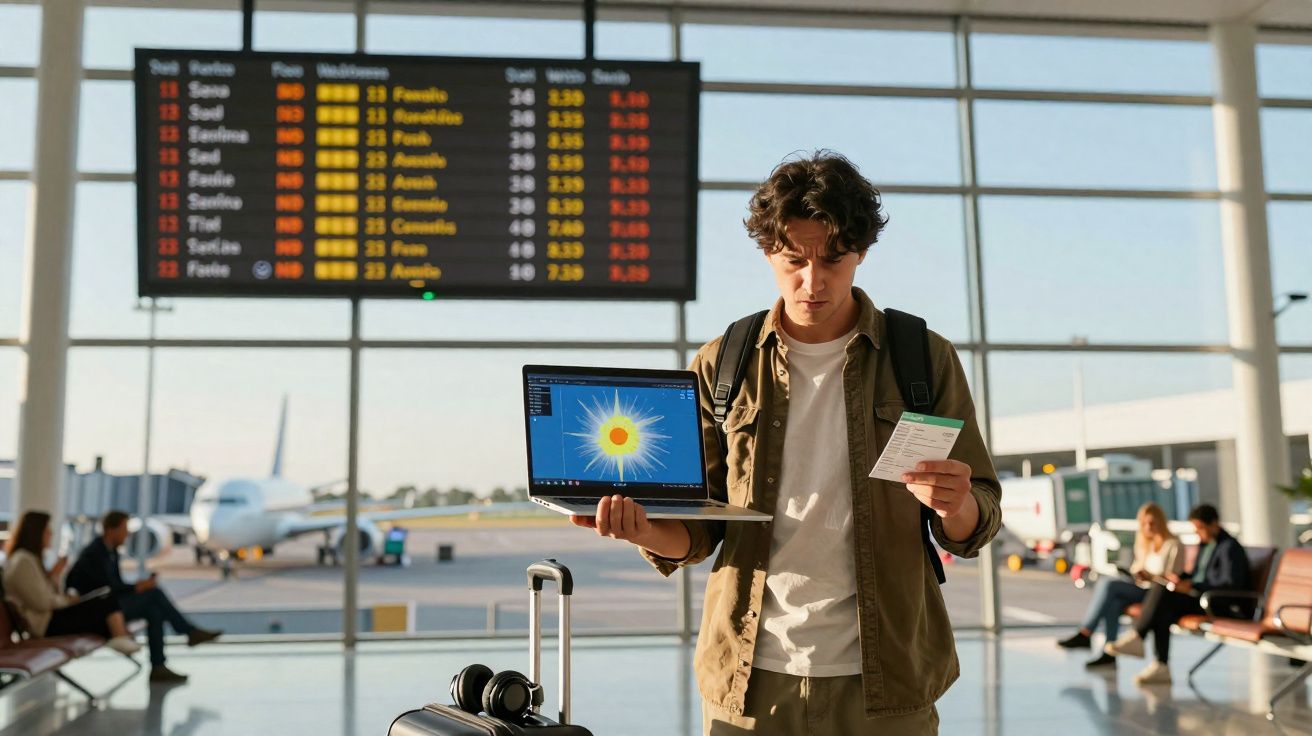 Jovem em aeroporto com mochila, laptop aberto mostrando sol e passagem aérea na mão.