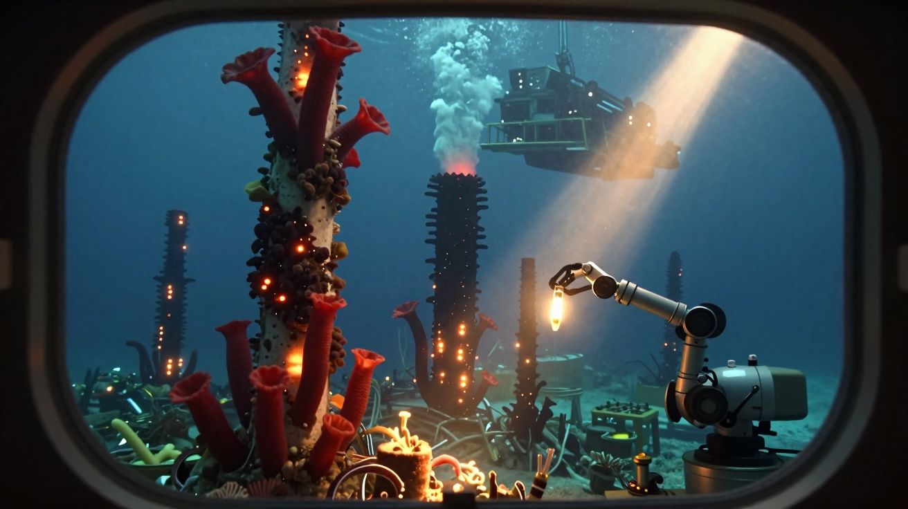 Vista submarina por janela mostrando robô e corais bioluminescentes em água azul profunda.