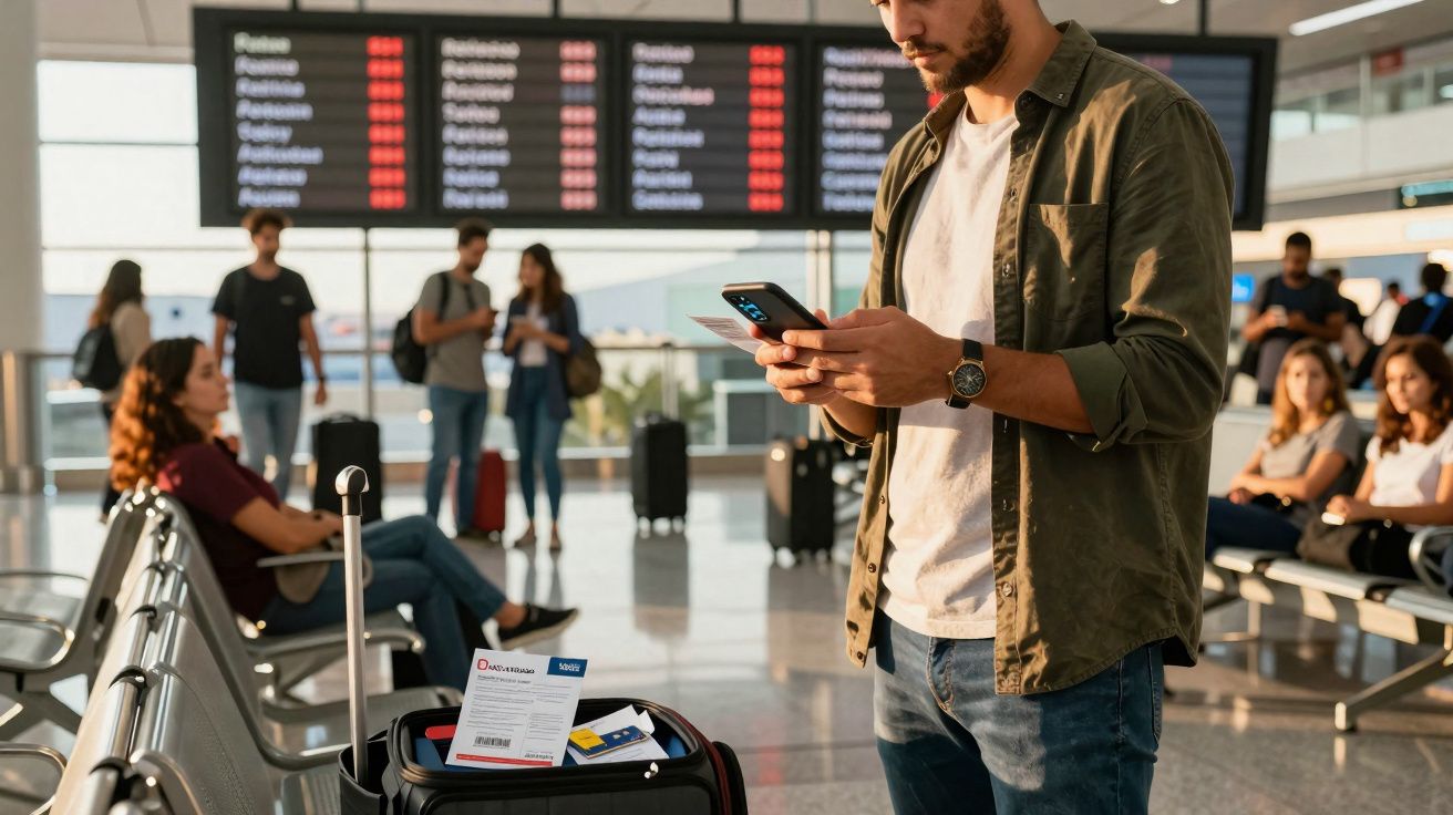 Homem verifica telefone celular perto de mala com cartão de embarque em saguão de aeroporto com outras pessoas ao fundo.