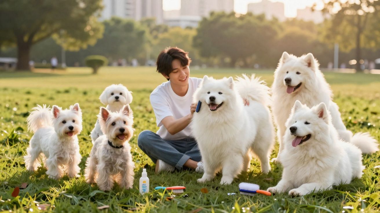Jovem sentado no parque cuidando e escovando seis cães brancos de diferentes raças num dia ensolarado.