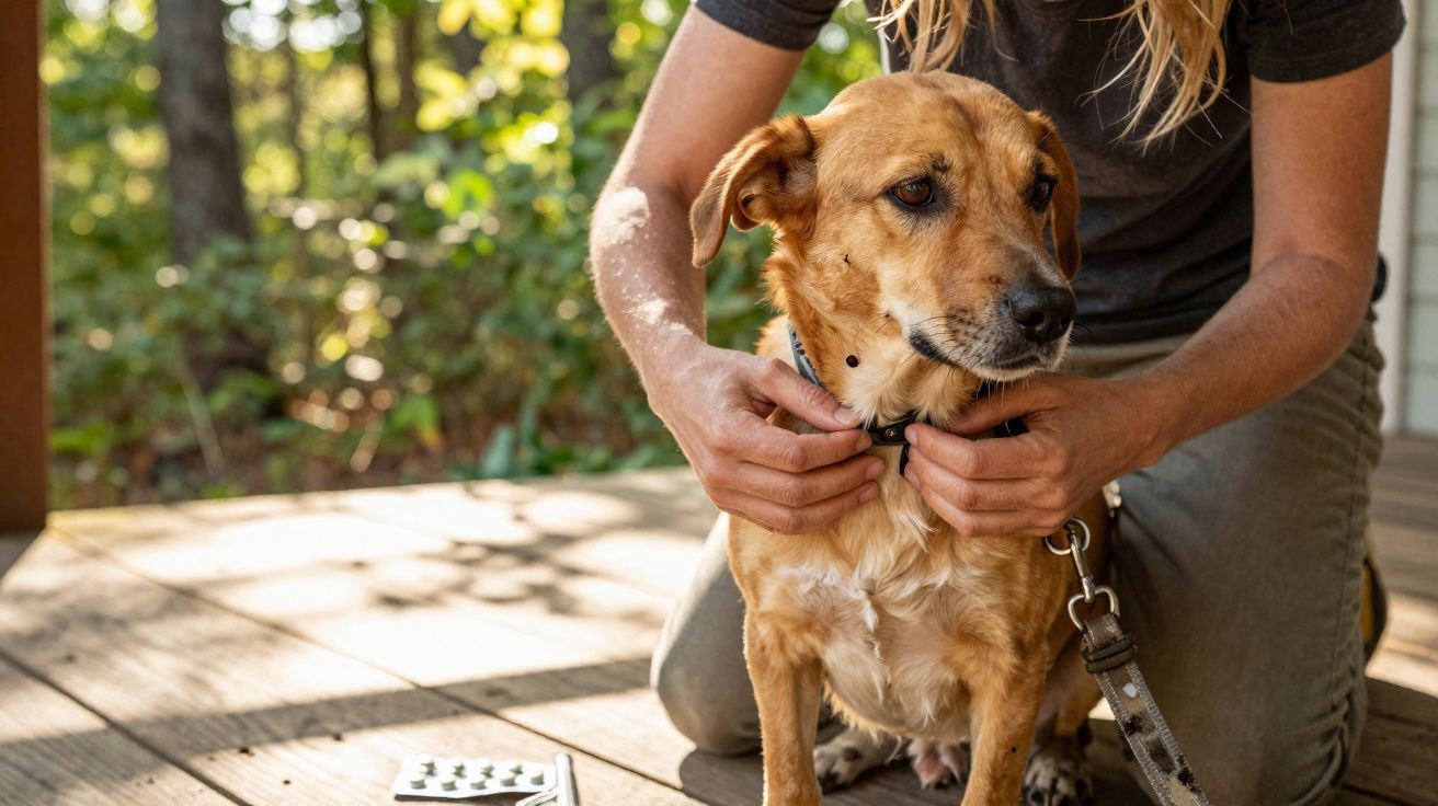 Pessoa colocando coleira em cachorro marrom em varanda de madeira cercada por árvores.