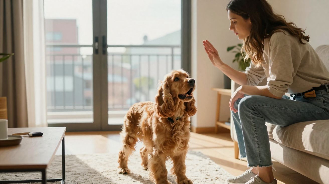 Mulher treinando um cachorro da raça cocker spaniel dentro de uma sala iluminada.