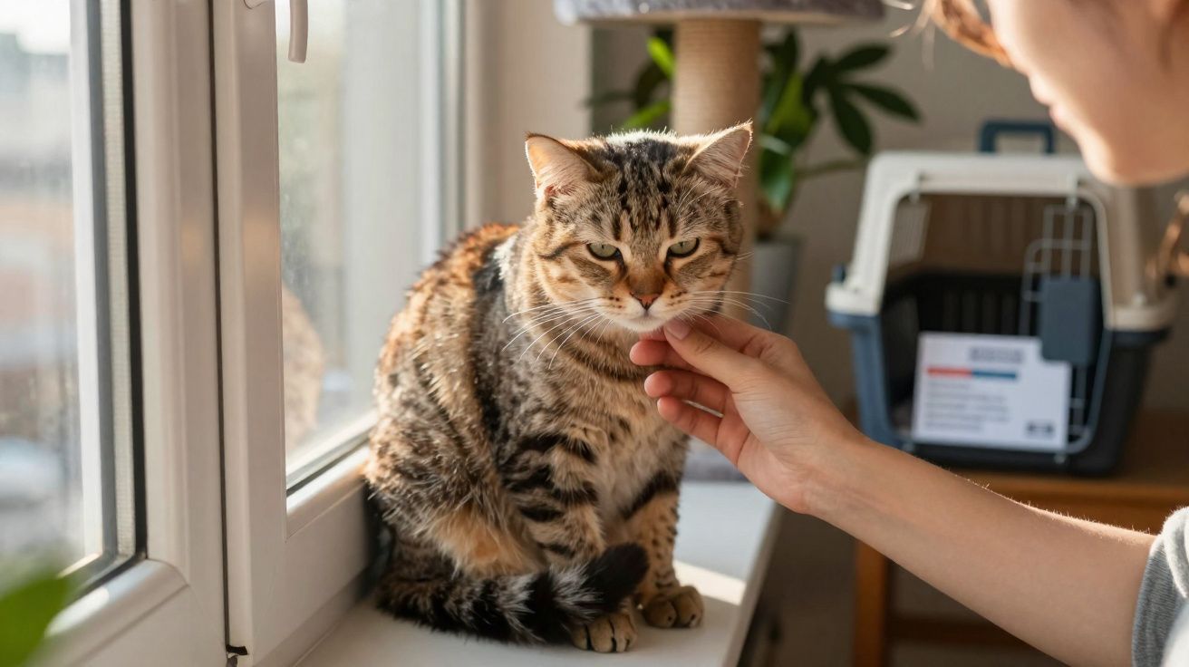 Gato malhado sentado no parapeito da janela sendo acariciado no queixo por uma pessoa.