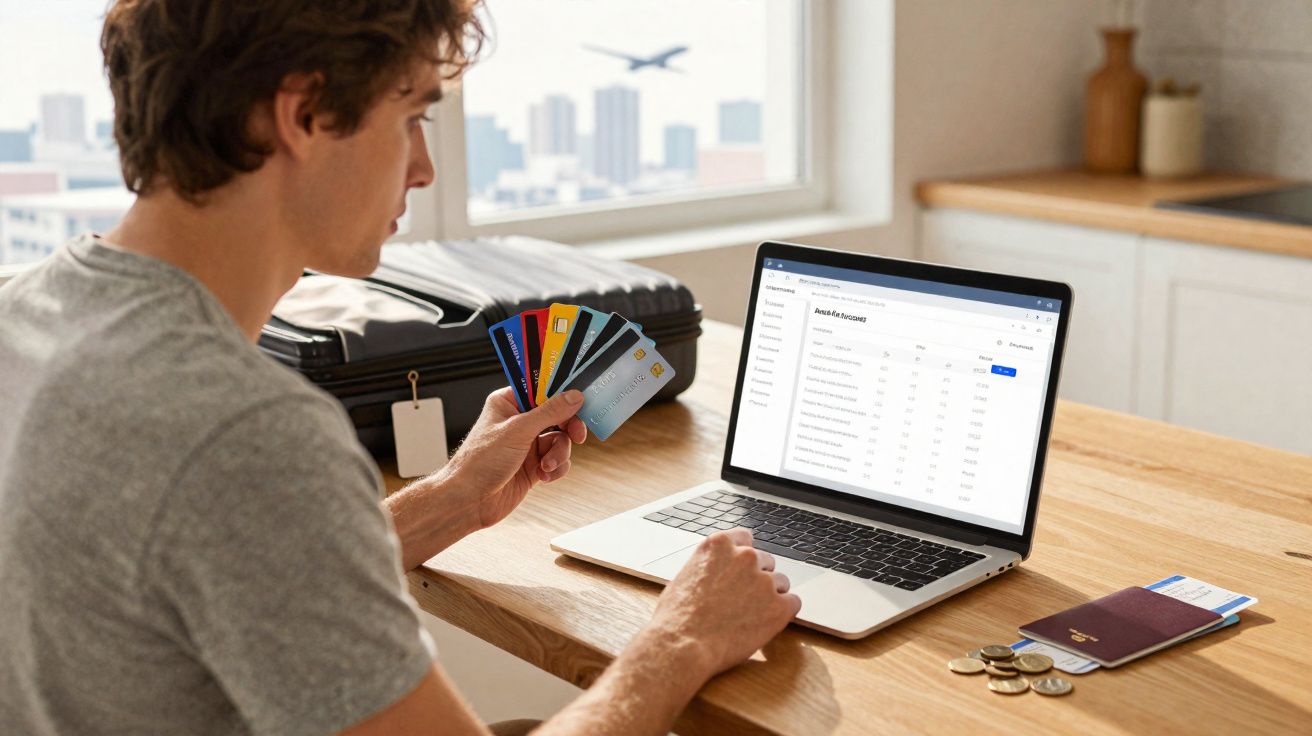 Homem sentado em mesa com várias carteiras de crédito, usando laptop para controle financeiro, com mala e passaporte.