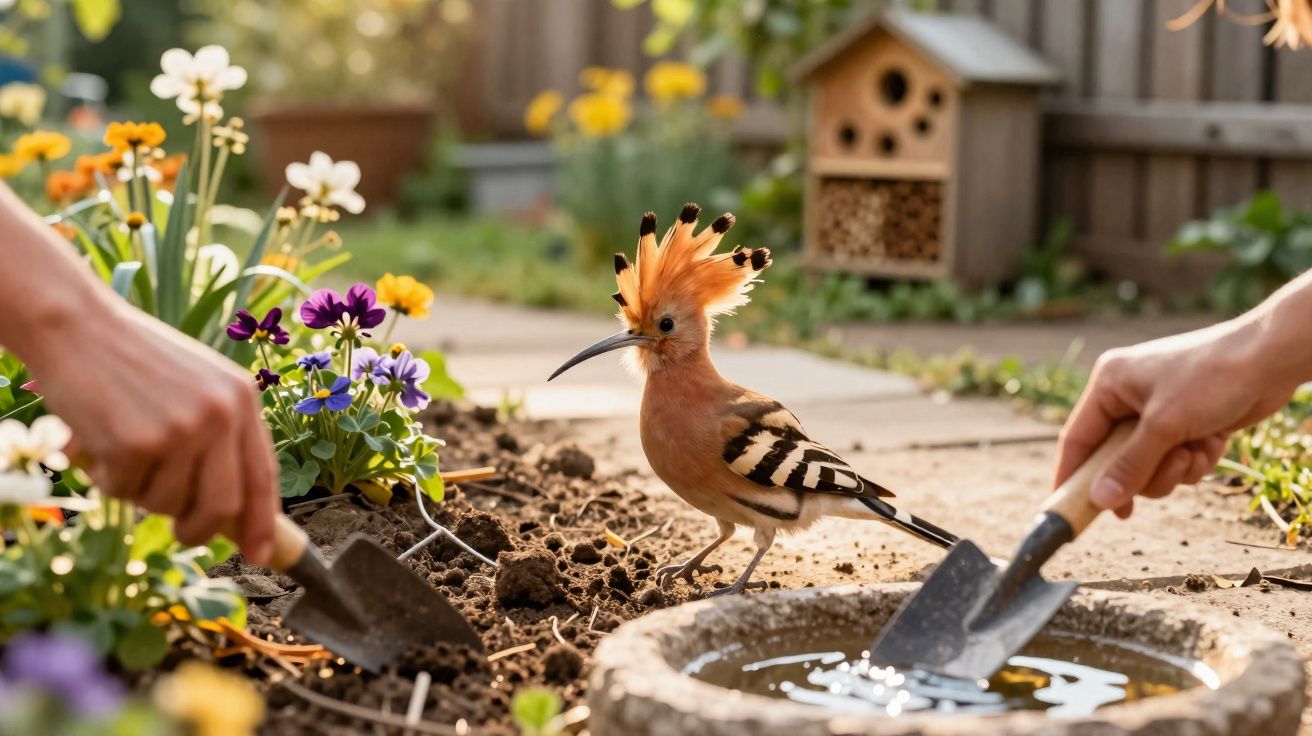 Pássaro colorido no chão próximo a flores enquanto duas pessoas mexem a terra com pequenas pás.