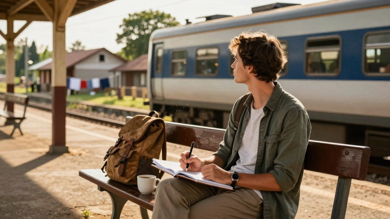 Jovem sentado no banco da estação de trem escrevendo em caderno com mochila e café ao lado.