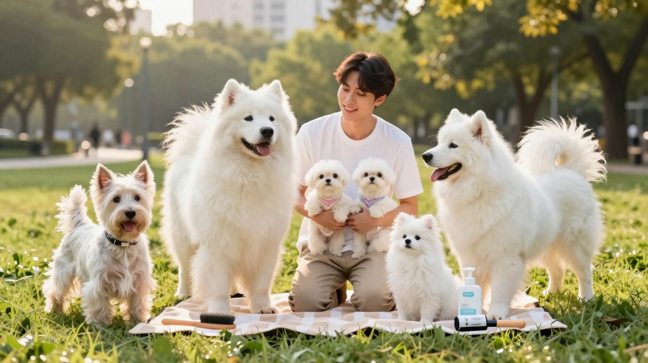 Jovem sorrindo sentado no parque com seis cães de raças pequenas e grandes, todos brancos e felizes.
