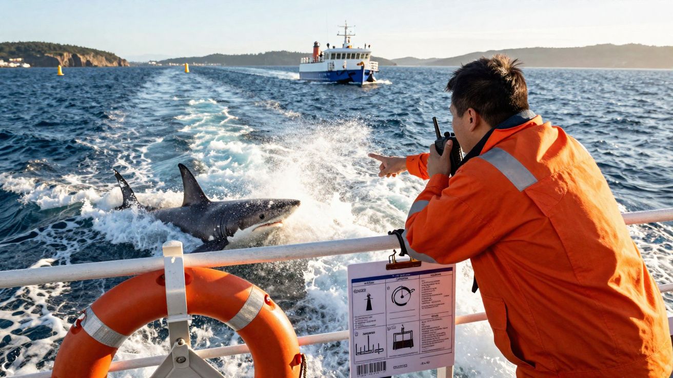 Homem em colete laranja falando em rádio, aponta para tubarão nadando ao lado de barco no mar.