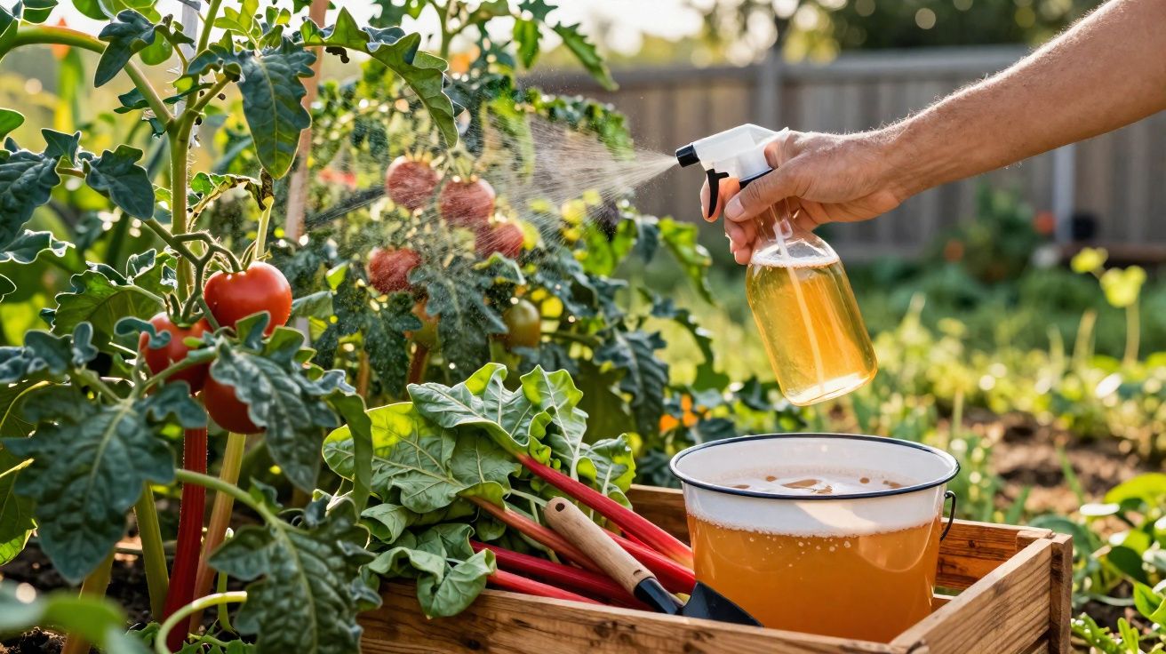 Mão borrifando planta de tomate em horta caseira com caixa de madeira contendo ferramentas e folhas verdes.