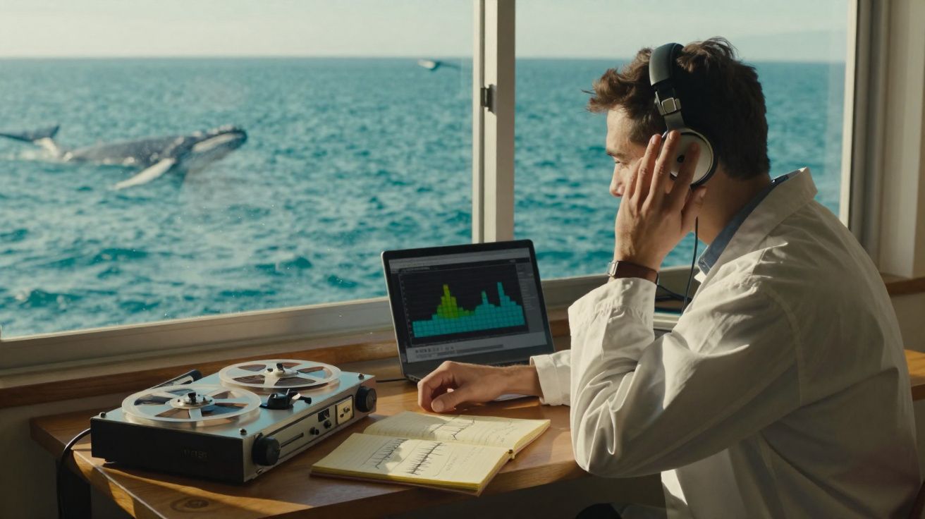 Homem de jaleco com fones analisa dados num laptop, aparece uma baleia fora do mar pela janela do laboratório.