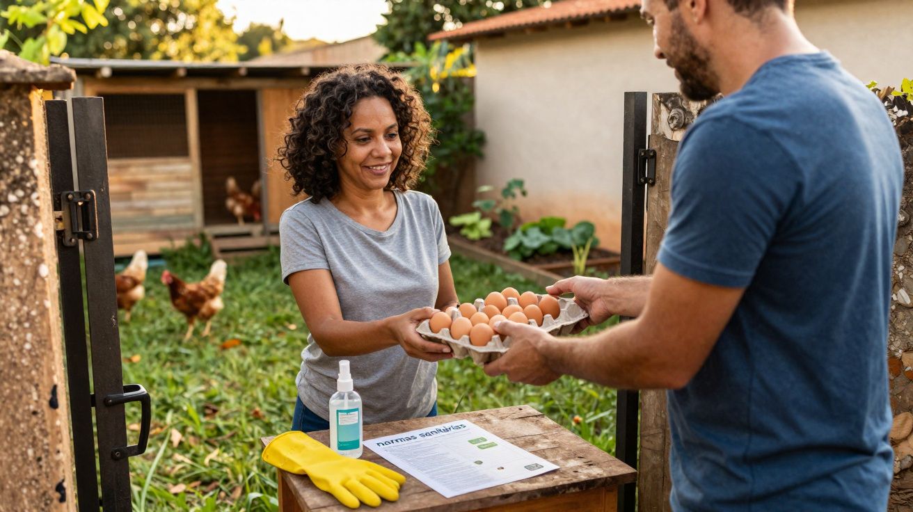 Mulher recebendo caixa com ovos frescos de homem em área rural com galinhas ao fundo.