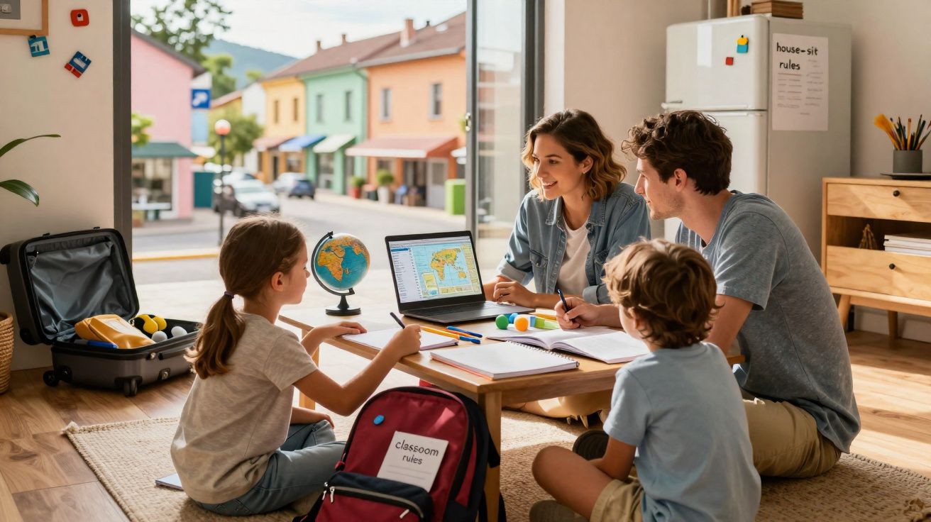 Família estudando mapas e fazendo tarefas em casa, com laptop, globo e materiais escolares na mesa.