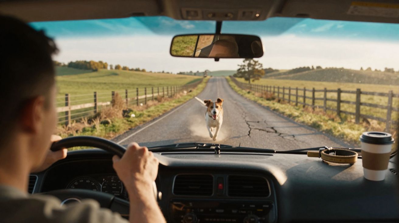 Homem dirigindo em estrada rural enquanto cachorro corre em direção ao carro.