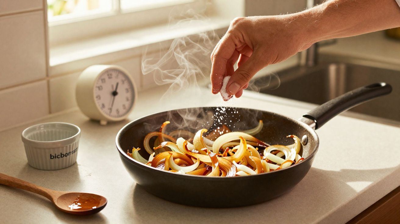 Mão polvilhando sal sobre cebolas sendo cozidas em frigideira com vapor em cozinha iluminada.
