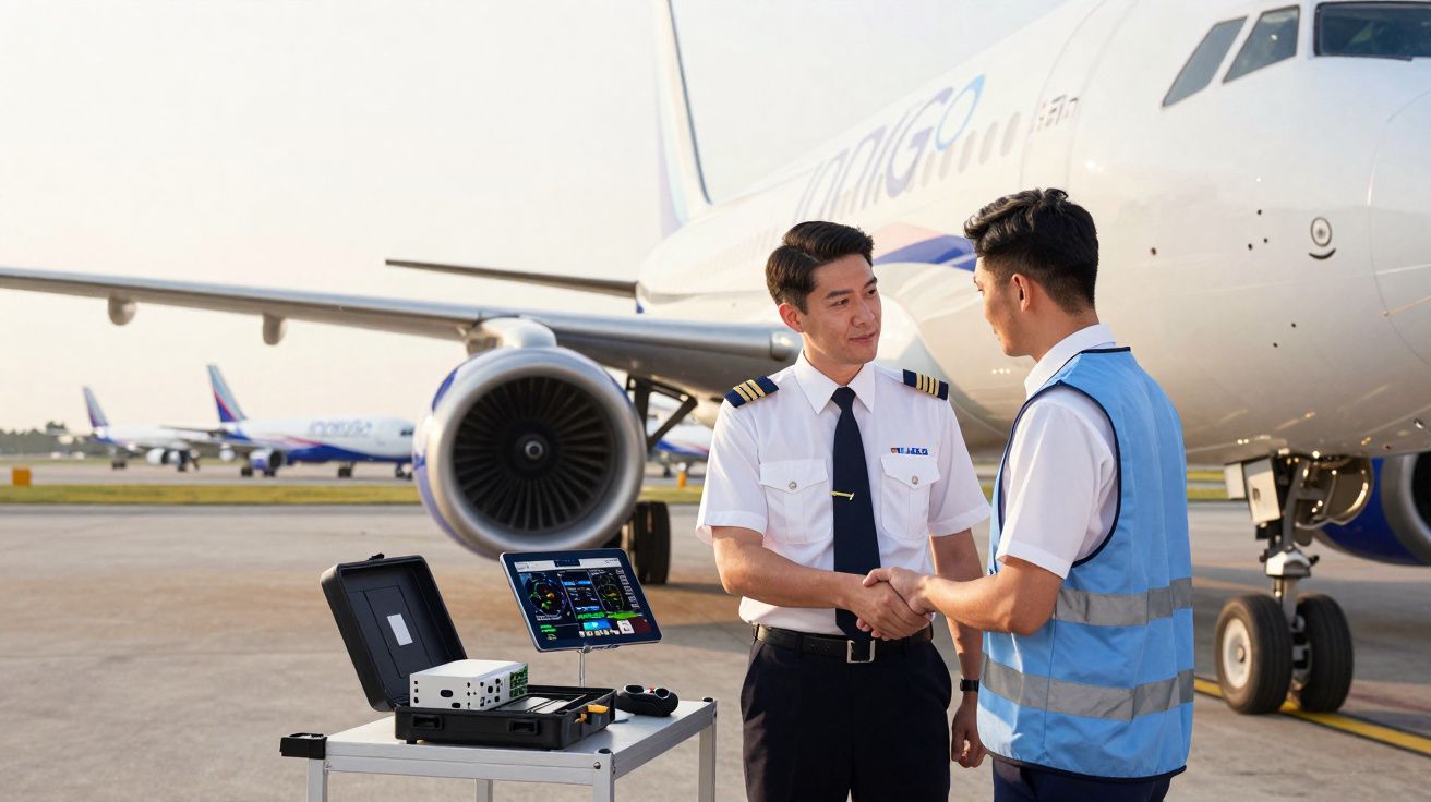 Piloto e funcionário de terra apertando as mãos perto de avião em aeroporto ao pôr do sol.