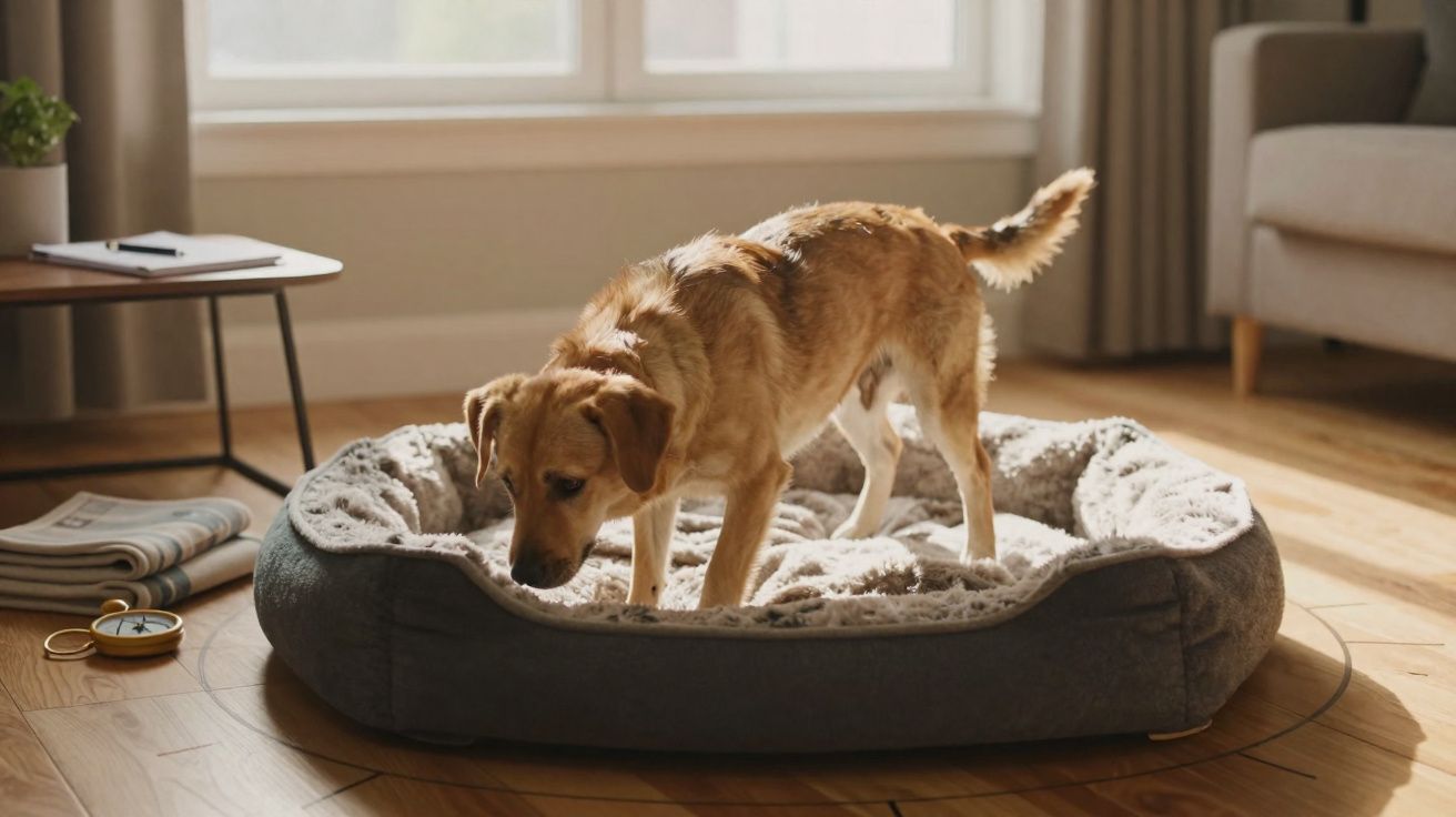 Cachorro marrom claro em cama cinza felpuda em sala iluminada por janela grande.