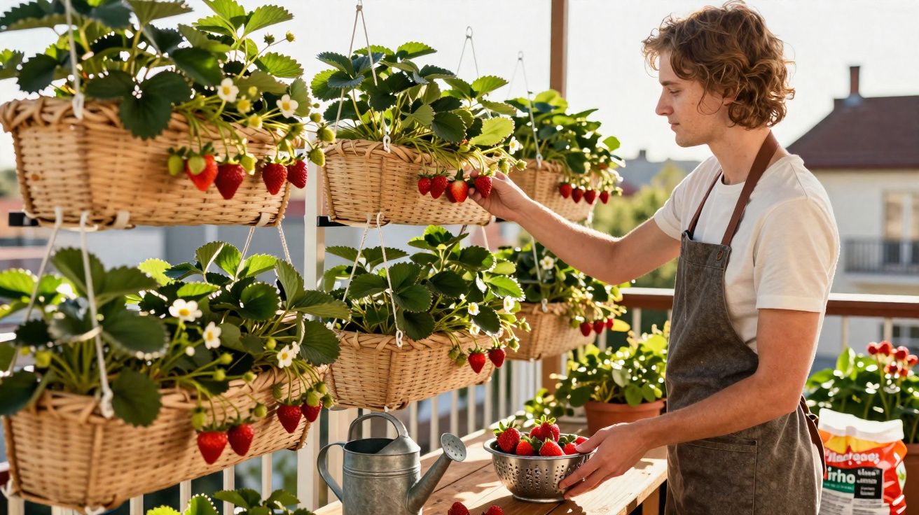 Homem colhendo morangos em vasos pendurados em varanda ensolarada, com regador e cesta.
