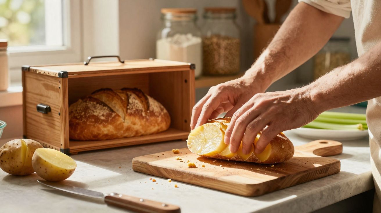 Pessoa fatiando pão em uma tábua de corte na cozinha com pão dentro de caixa de madeira ao fundo.