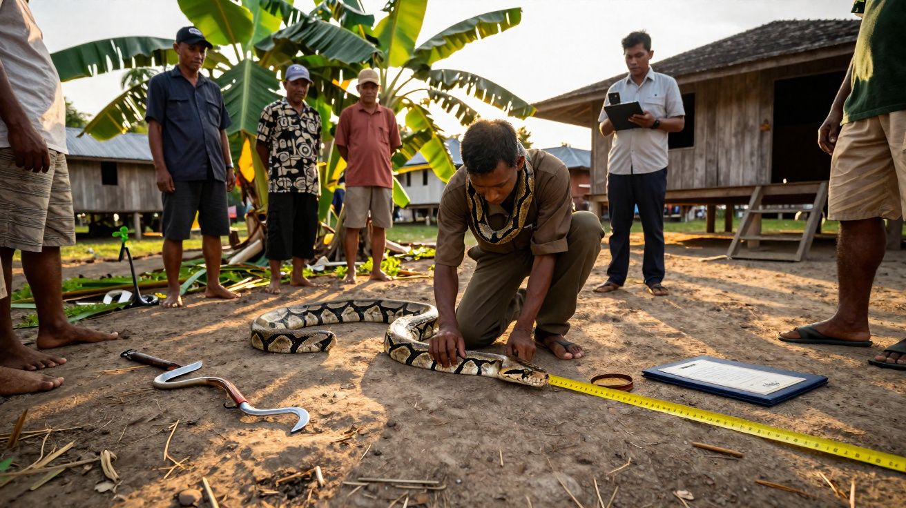 Homem medindo cobra grande no chão com outras pessoas observando e casas ao fundo.