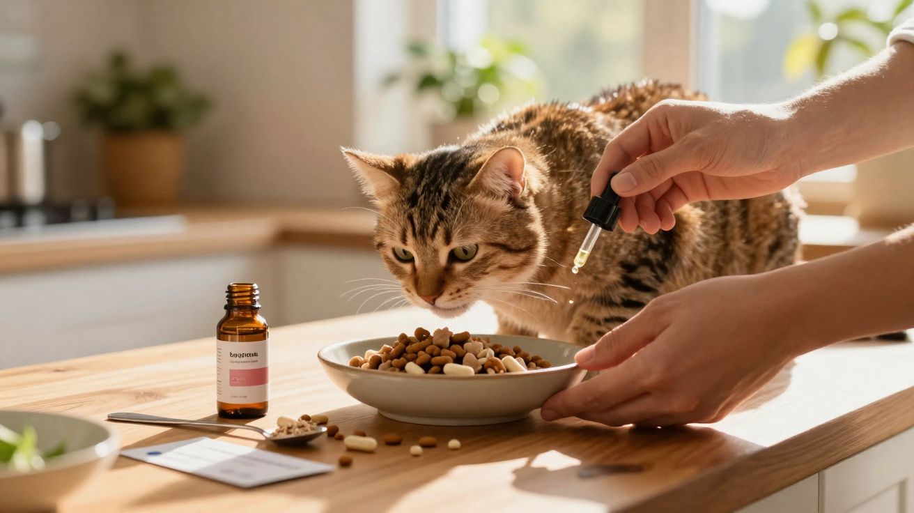 Gato comendo ração em uma tigela enquanto uma pessoa administra medicamento com conta-gotas.