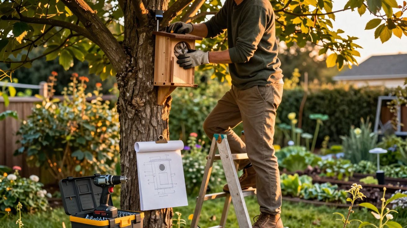 Pessoa instalando casa de pássaros em árvore no jardim com ferramentas e planta ao redor no fim de tarde.