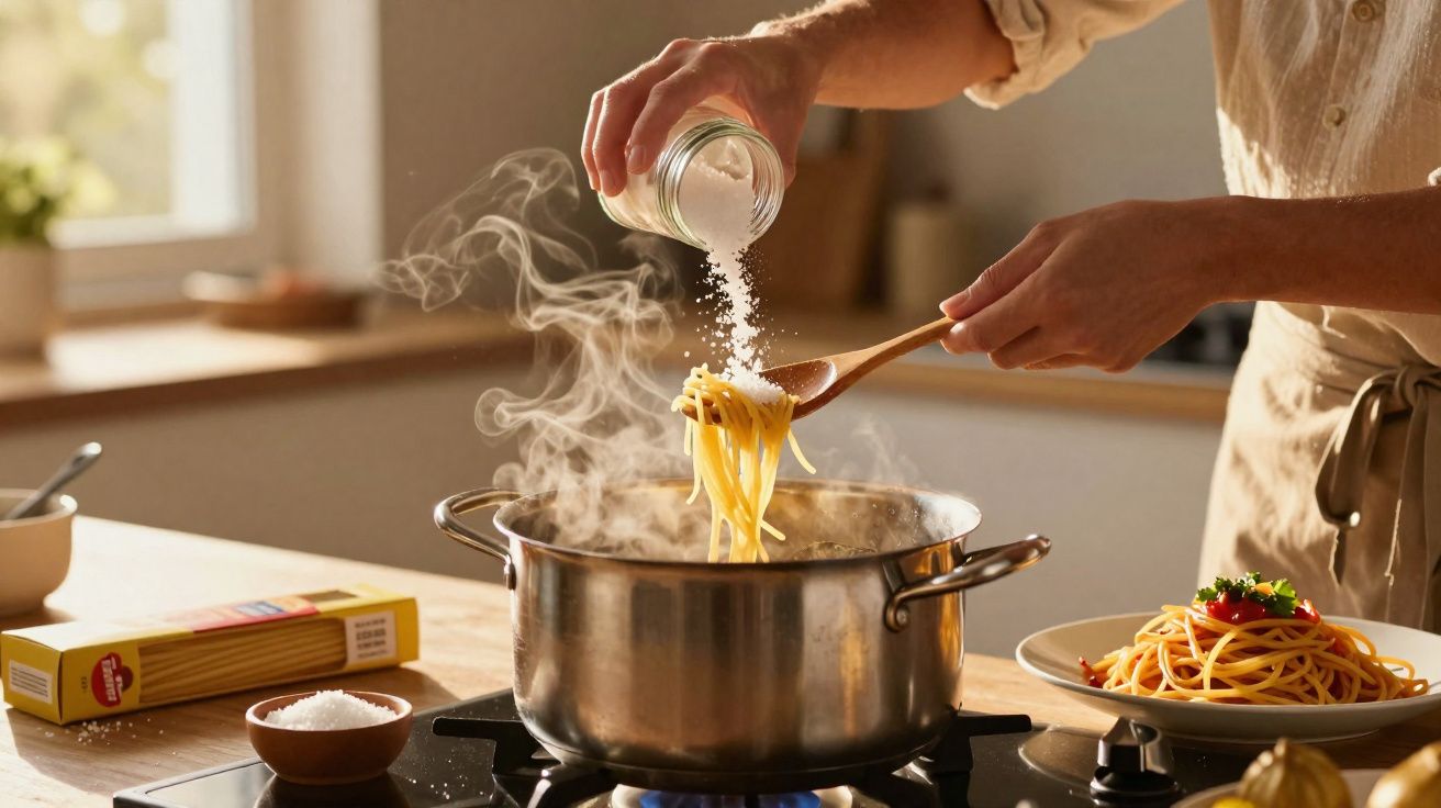 Pessoa adicionando sal ao macarrão em panela com vapor sobre fogão a gás em cozinha iluminada.