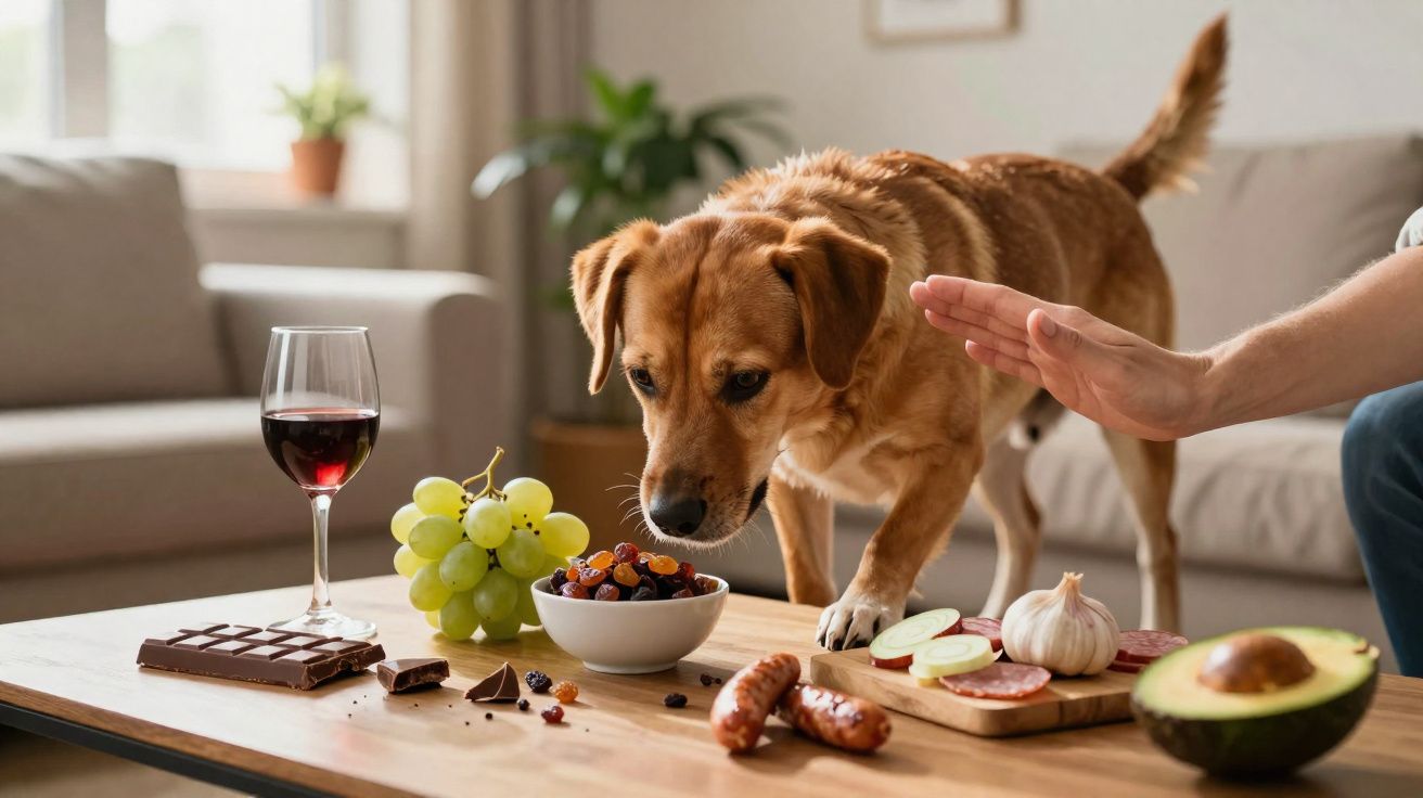 Cão cheirando comida na mesa enquanto mão segura para impedir que ele pegue os alimentos.