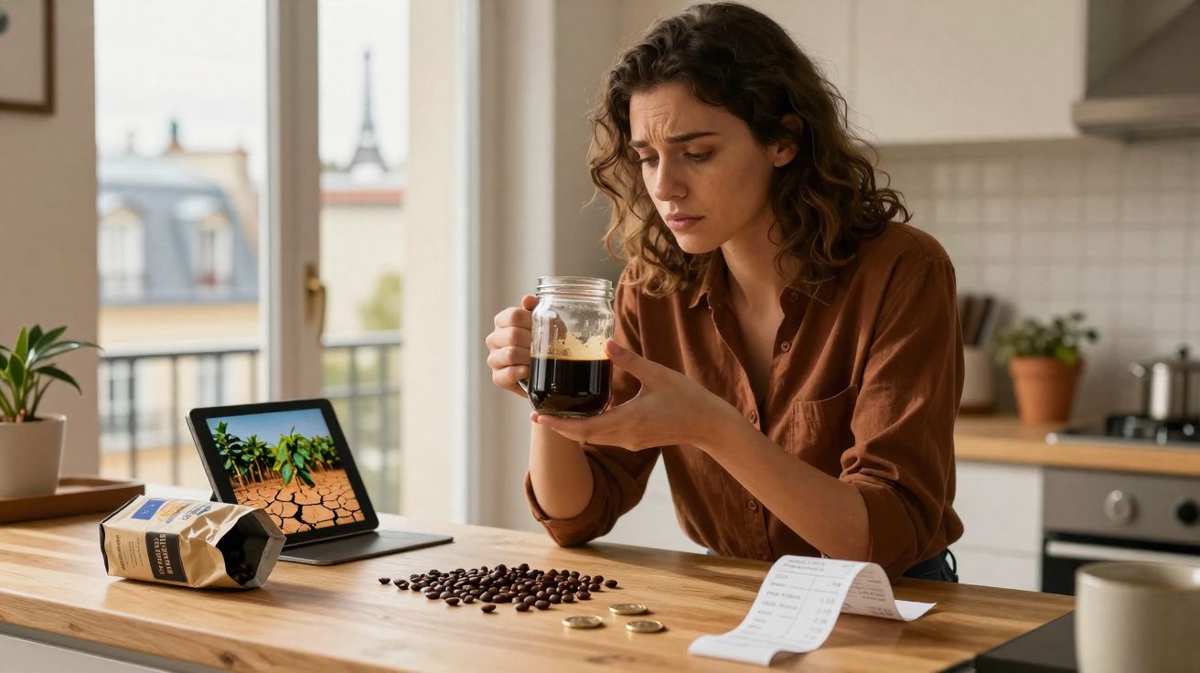 Mulher sentada na cozinha observa preocupada uma xícara de café com contas e moedas sobre a mesa.