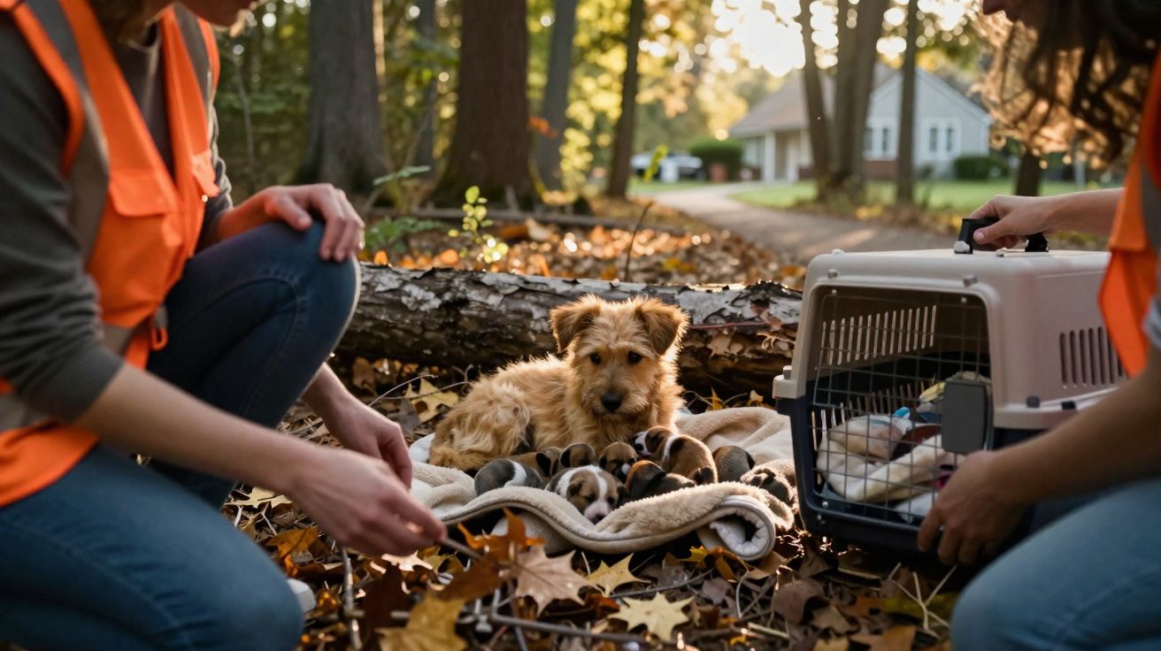Voluntários cuidam de uma cadela e seus filhotes em um ambiente externo com folhas no chão.