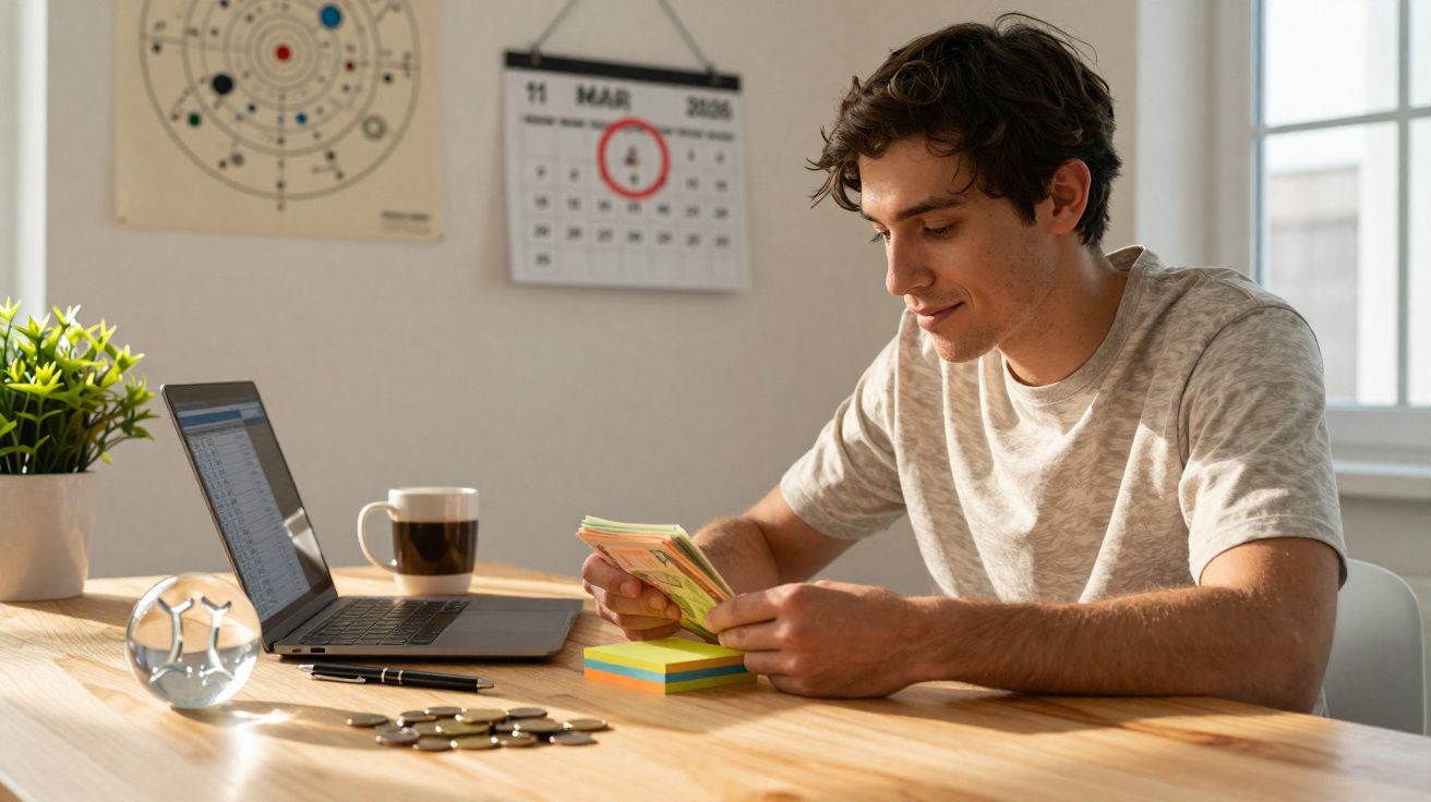 Jovem sentado à mesa contando dinheiro, com computador, moedas e calendário ao fundo.
