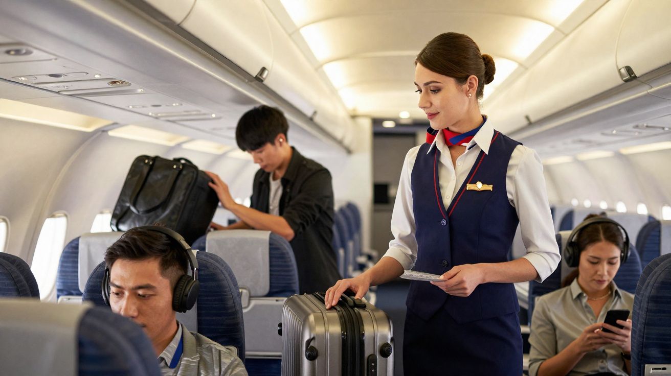 Comissária de bordo vestindo uniforme cuidando de bagagem na cabine de voo com passageiros sentados usando fones.