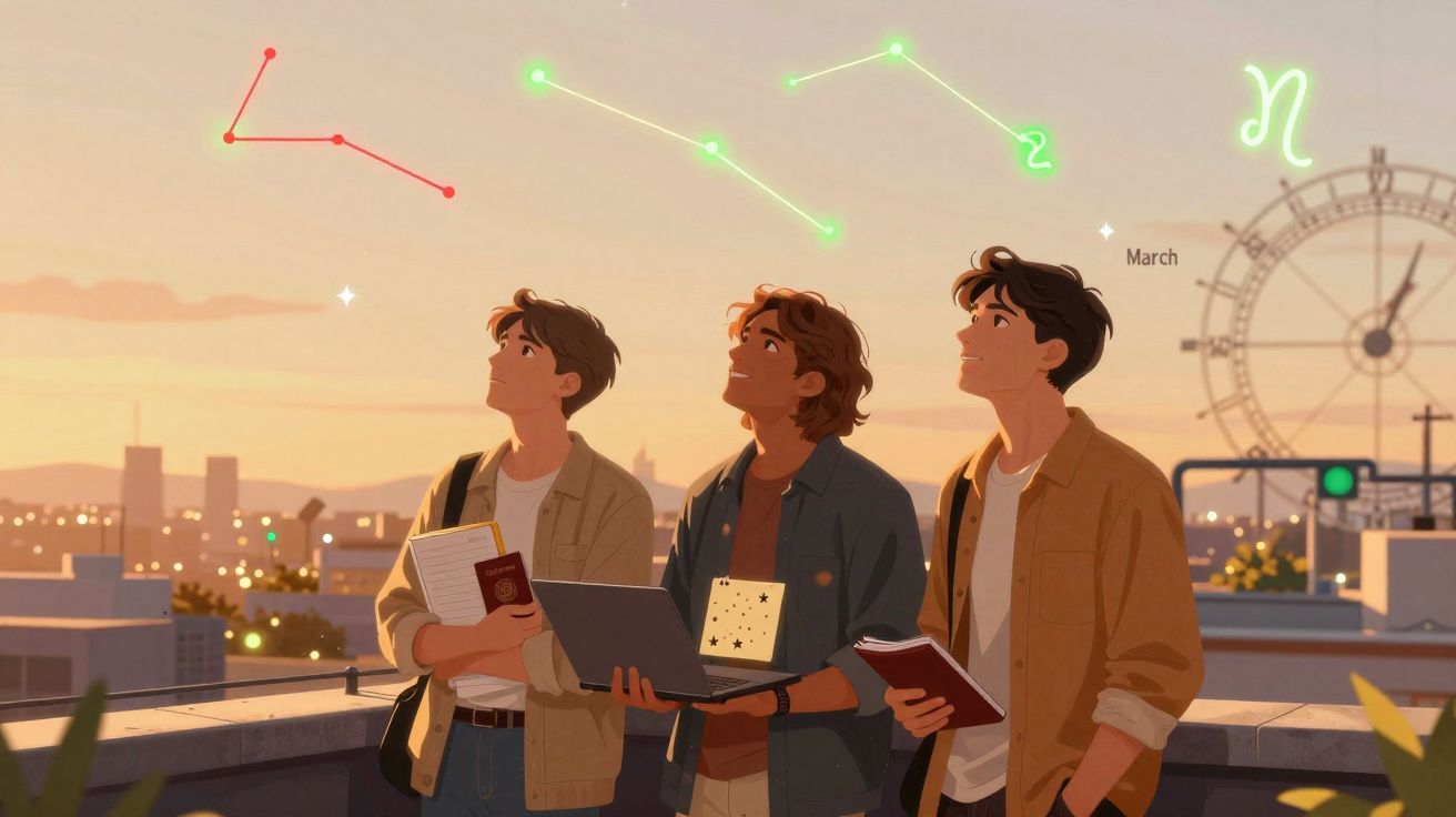 Três jovens observam constelações brilhantes no céu ao entardecer em um terraço urbano.