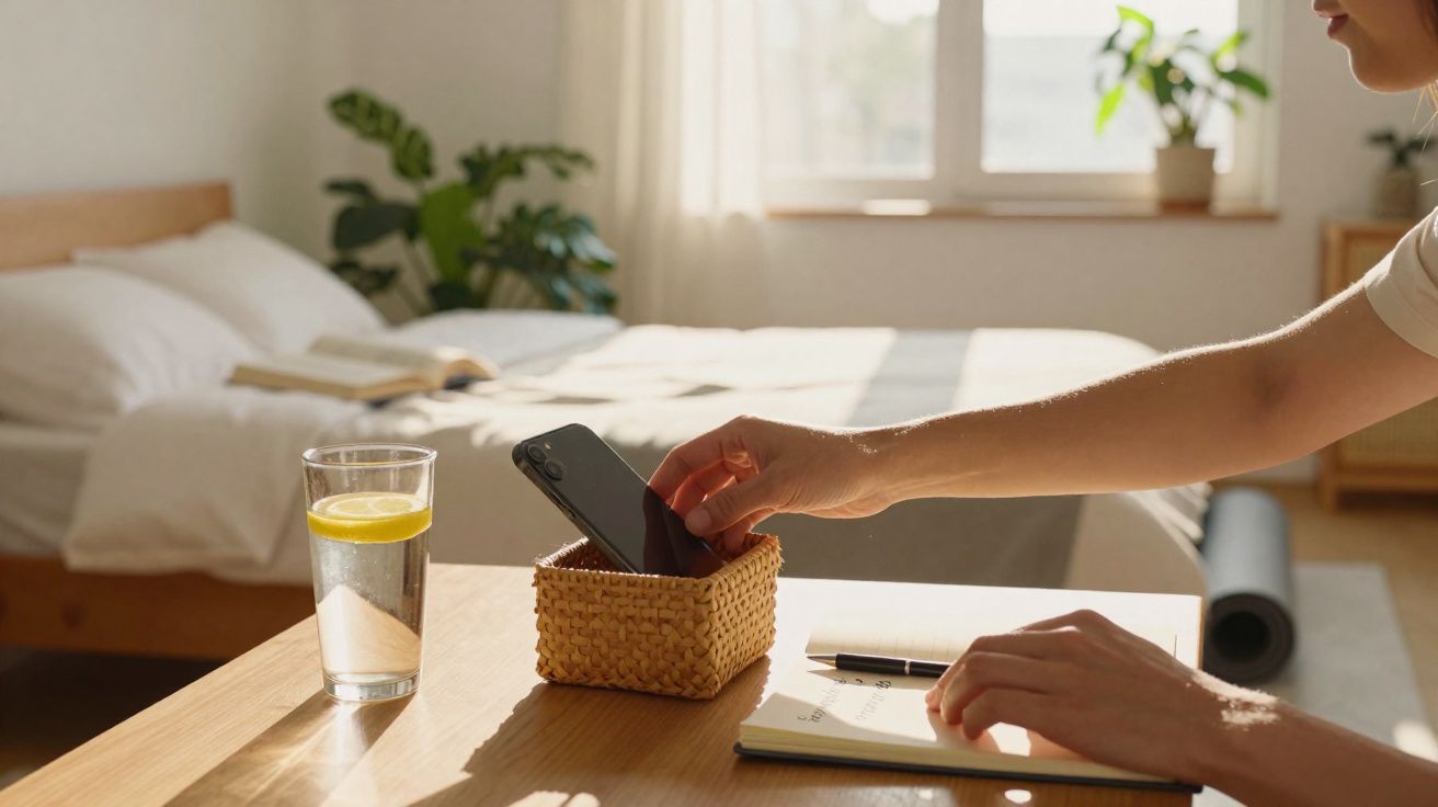 Mão guardando celular em cesta sobre mesa com copo de água, caderno e caneta em quarto iluminado.