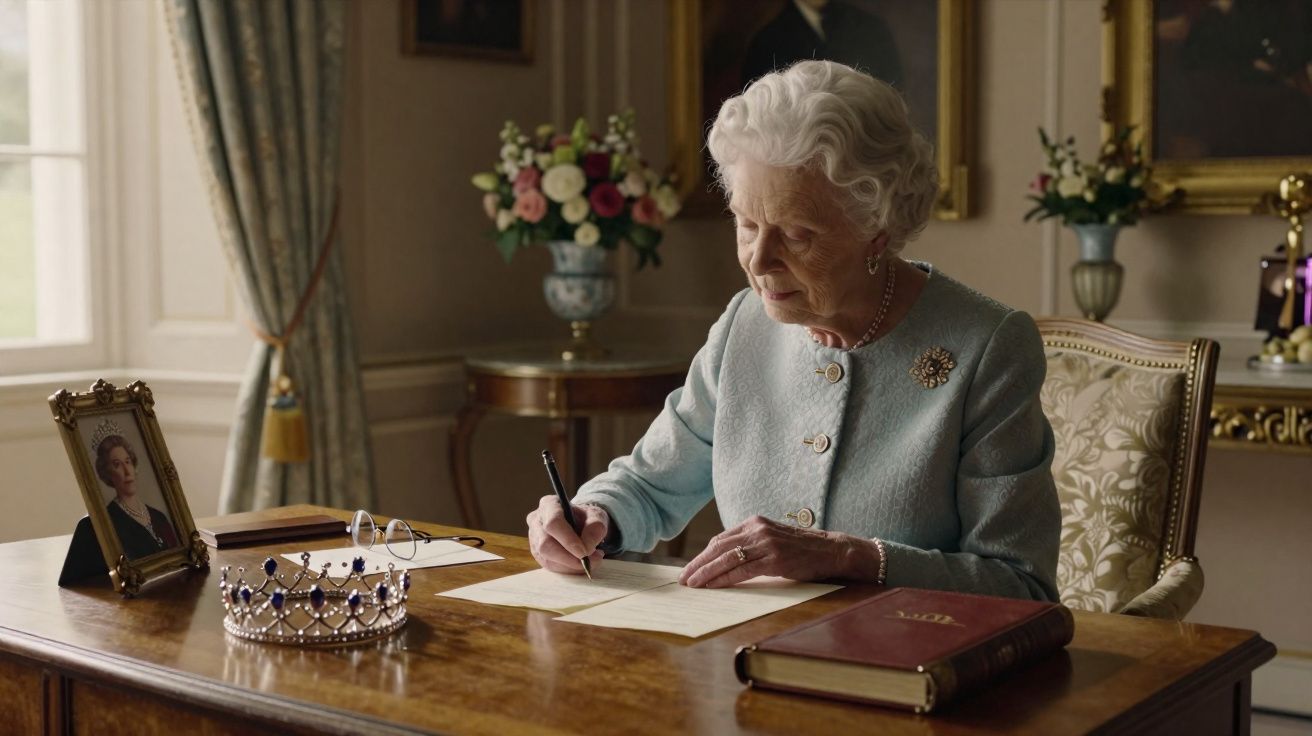 Mulher idosa sentada em mesa antiga escrevendo, com coroa, livro, e foto em porta-retrato.