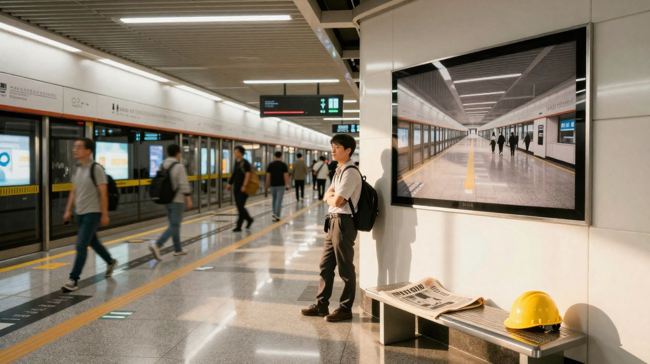 Plataforma de metrô com pessoas andando, um homem encostado na parede e um capacete amarelo sobre banco.