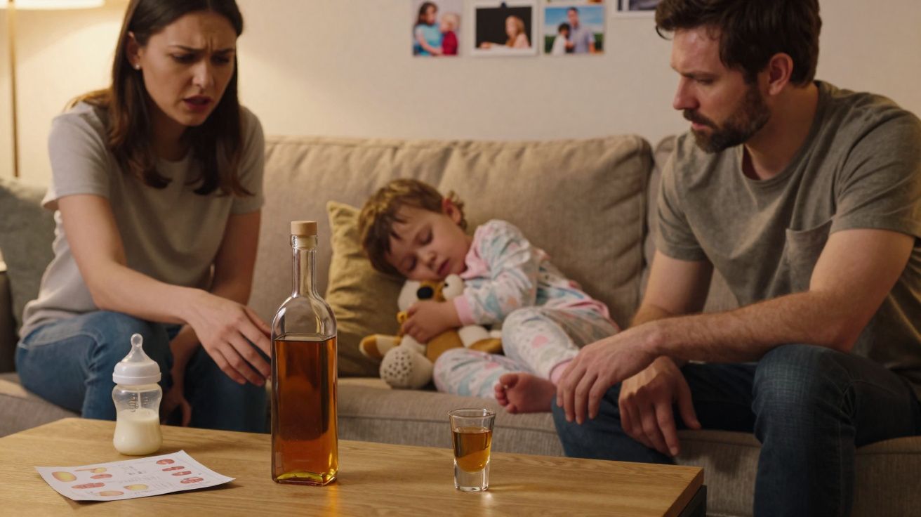 Casal preocupado observa bebida alcoólica na mesa enquanto criança dorme no sofá com urso de pelúcia.