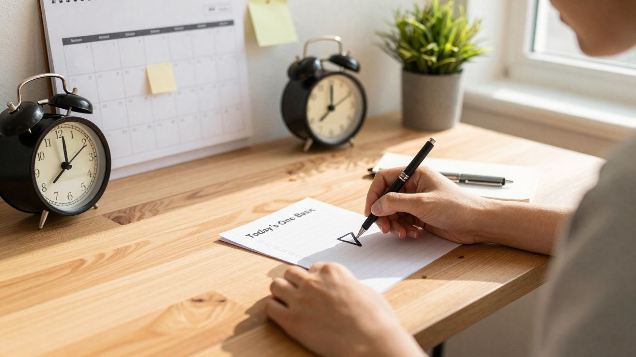 Pessoa fazendo planejamento diário em papel com relógios e calendário na mesa de madeira clara.