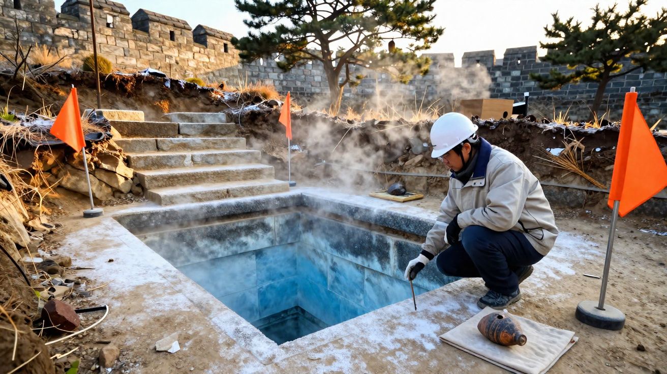 Homem com capacete observa poço fumegante azul em escavação arqueológica perto de muralha antiga.