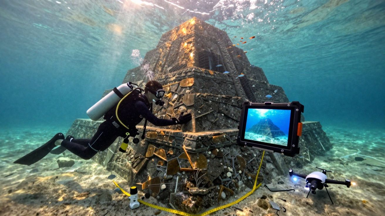 Mergulhador explora estrutura piramidal submersa usando equipamentos de filmagem e drone subaquático.
