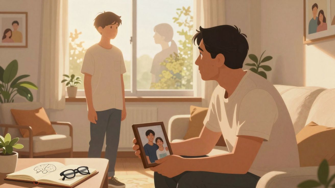 Homem sentado segurando foto em porta-retratos, garoto em pé e sombra feminina na janela ao fundo.