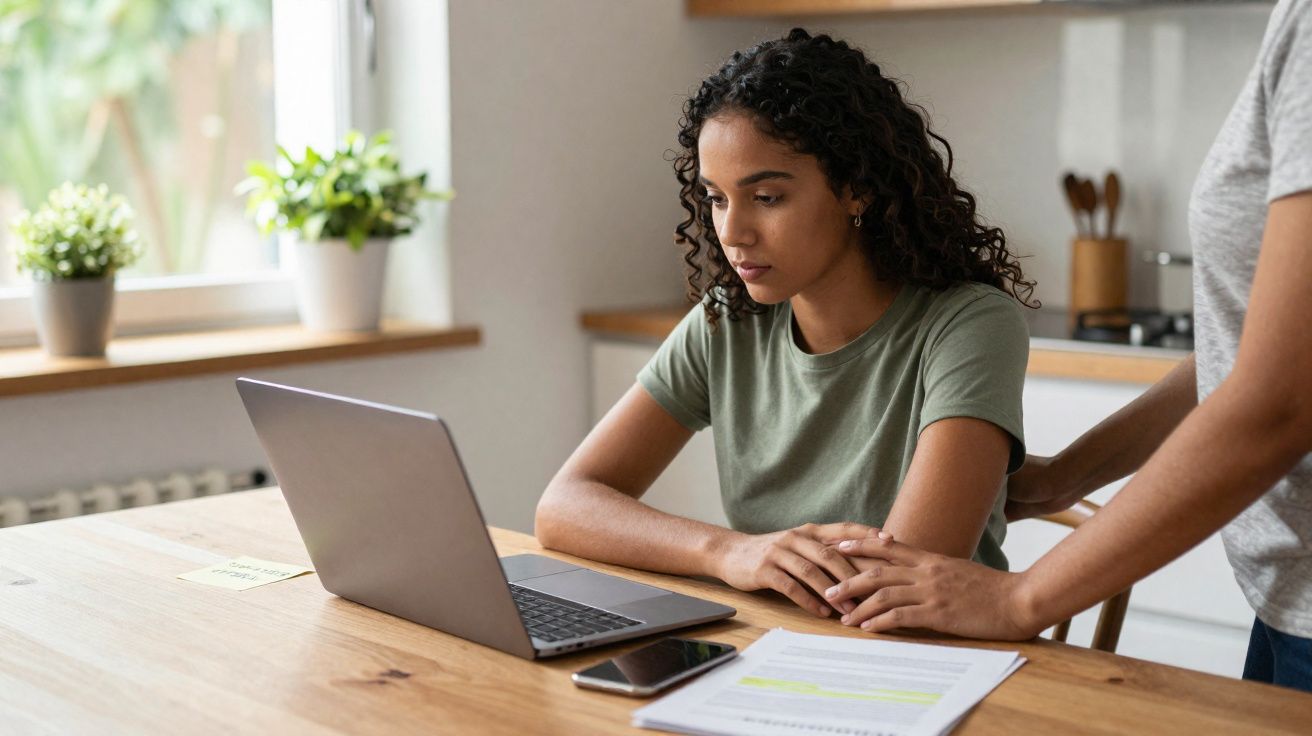 Mulher pensativa usando laptop, outra pessoa a conforta com as mãos em ambiente doméstico iluminado.