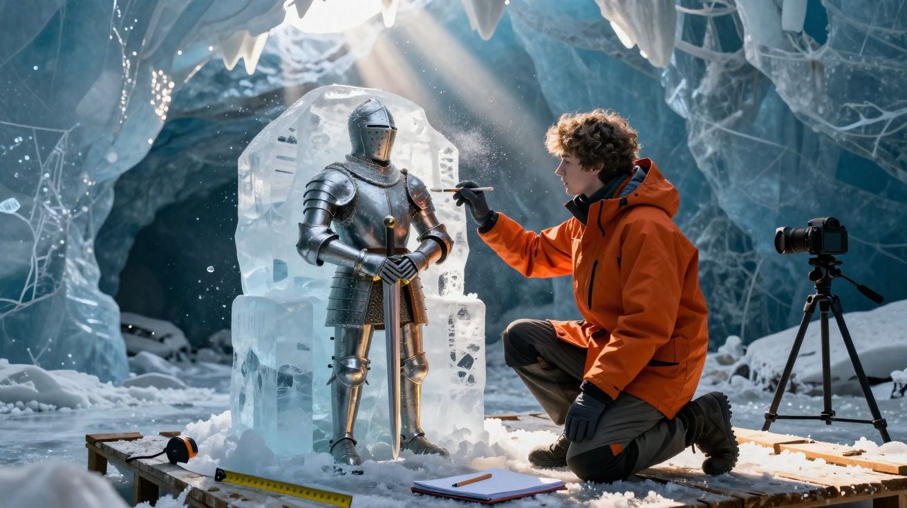 Homem de casaco laranja trabalhando numa armadura de cavaleiro dentro de uma caverna de gelo.