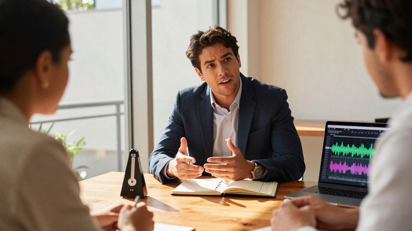 Pessoa de terno azul explicando algo em reunião com duas pessoas, com laptop e metrônomo na mesa.