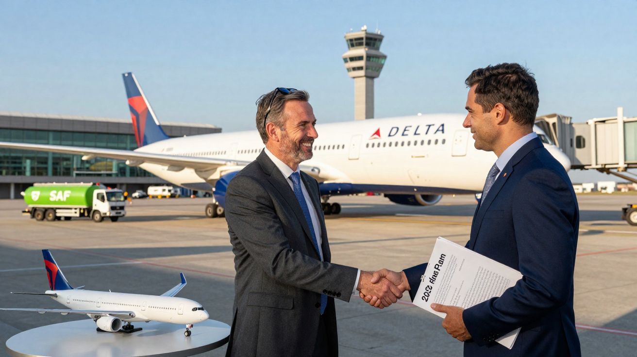Dois homens de terno apertam as mãos em pista de aeroporto com avião Delta ao fundo.