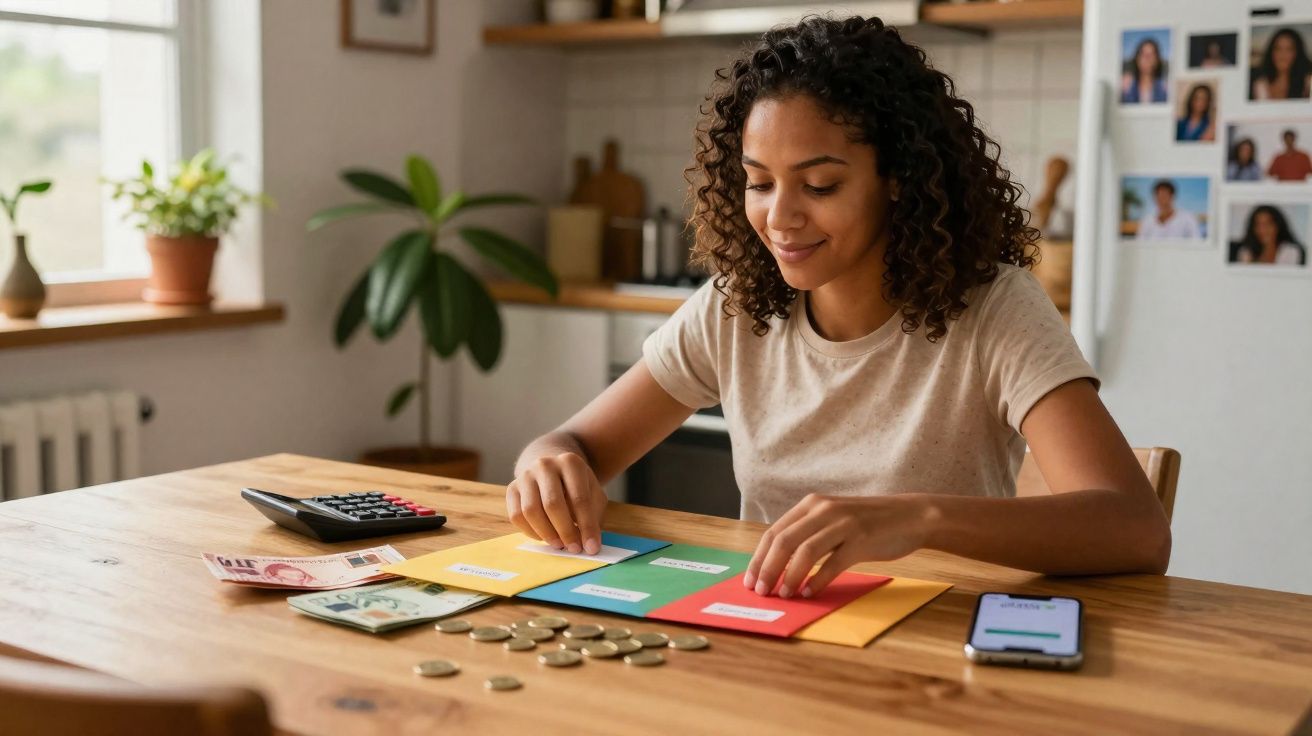 Mulher sorridente organizando dinheiro em envelopes coloridos na cozinha.