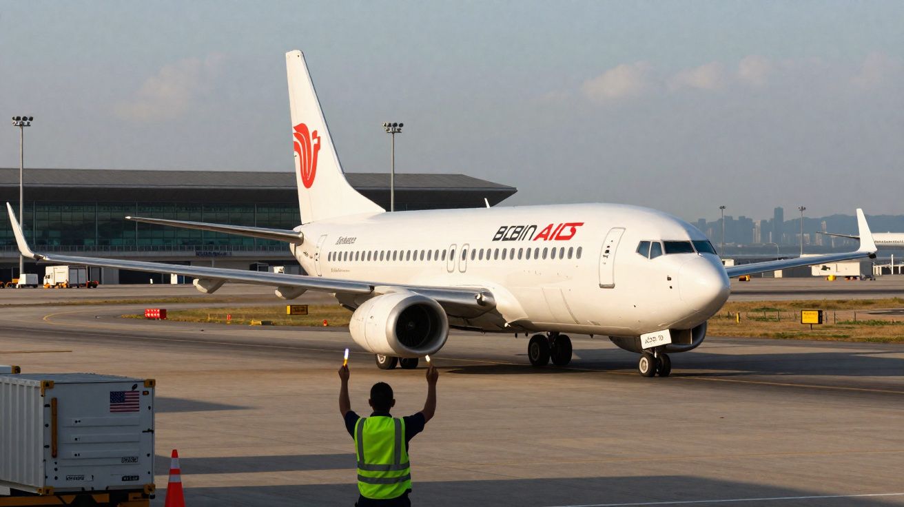 Avião da companhia aérea Air China taxiando no aeroporto com funcionário sinalizando na pista.