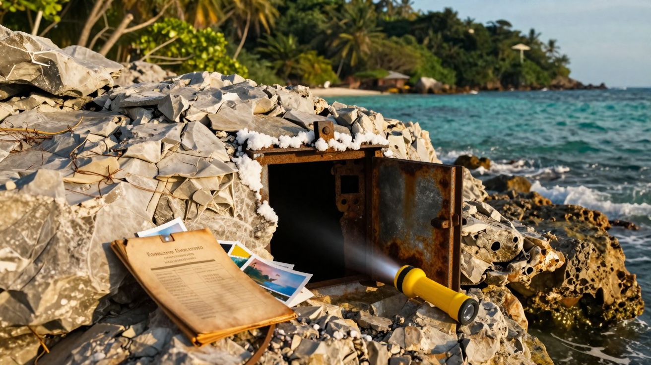 Cofre enferrujado aberto em uma rocha à beira-mar, com lanterna, fotos e documentos ao lado.