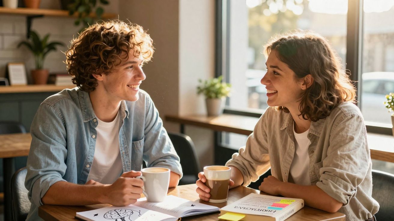 Jovem homem e mulher sorrindo enquanto conversam e tomam café em cafeteria iluminada pela manhã.